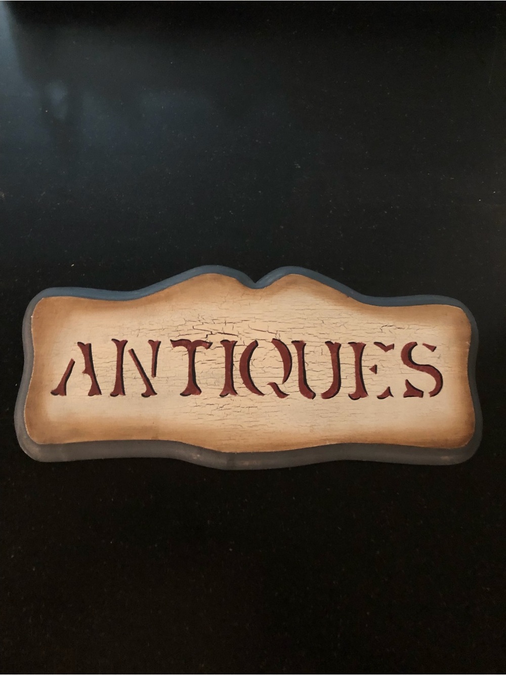 EUC All-Wood ANTIQUES' Sign in Crackled Cream-Tan Paint With Gray Edging